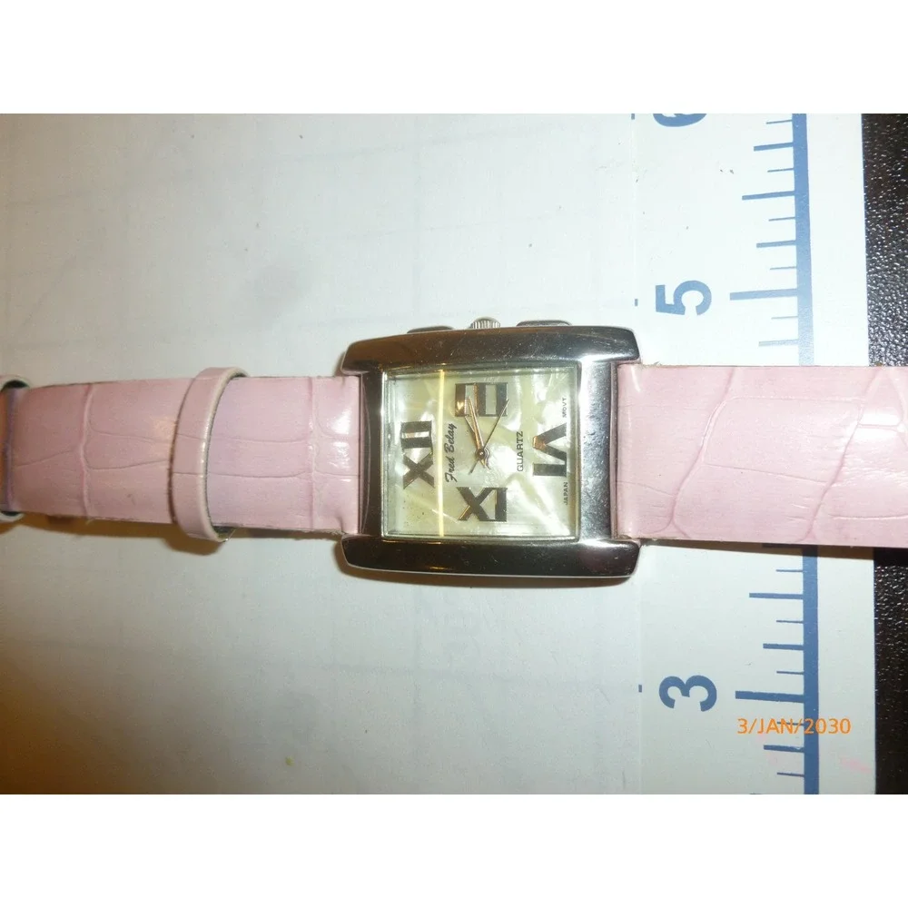 Fred Belay Womens Watch Pink Leather‎ Croc Band Mother of Pearl Dial New Battery